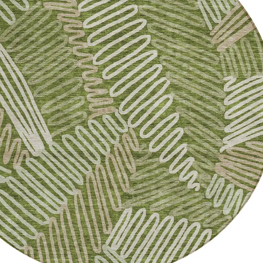 8' Olive Green Brown And Ivory Round Floral Washable Indoor Outdoor Area Rug Photo 5