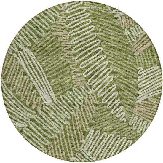 8' Olive Green Brown And Ivory Round Floral Washable Indoor Outdoor Area Rug Photo 2