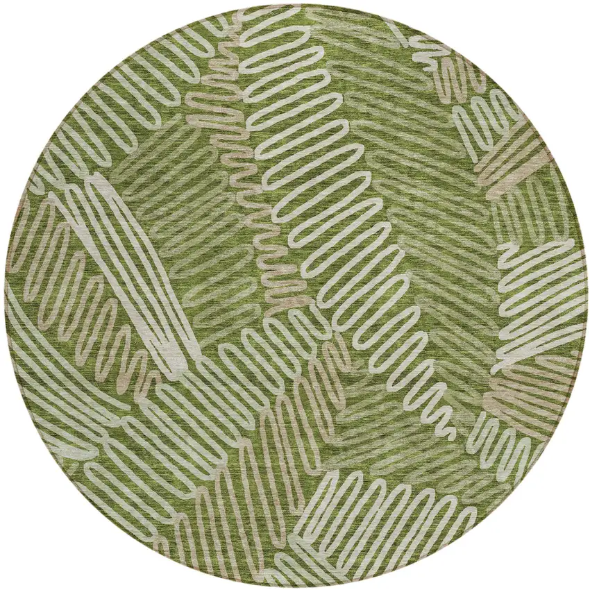 8' Olive Green Brown And Ivory Round Floral Washable Indoor Outdoor Area Rug Photo 2