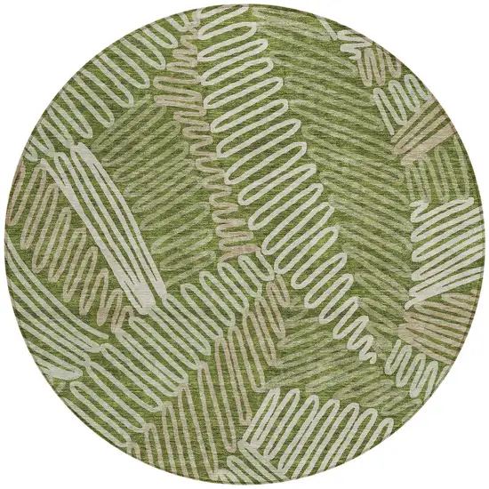 8' Olive Green Brown And Ivory Round Floral Washable Indoor Outdoor Area Rug Photo 6