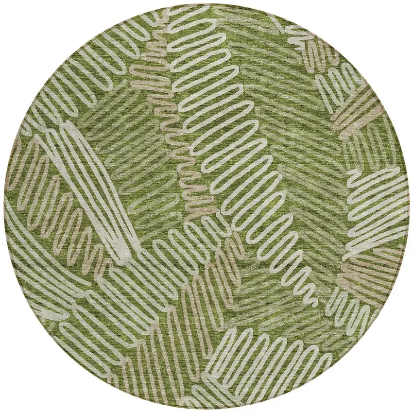 8' Olive Green Brown And Ivory Round Floral Washable Indoor Outdoor Area Rug Photo 6