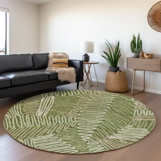 8' Olive Green Brown And Ivory Round Floral Washable Indoor Outdoor Area Rug Photo 8