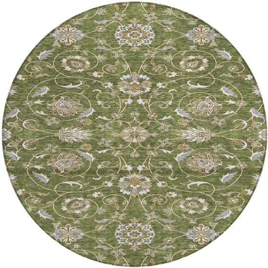 8' Olive Green Brown And Ivory Round Moroccan Washable Indoor Outdoor Area Rug Photo 2