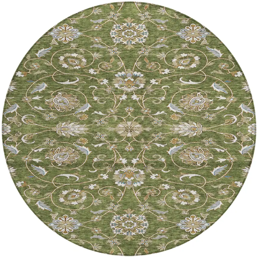 8' Olive Green Brown And Ivory Round Moroccan Washable Indoor Outdoor Area Rug Photo 2