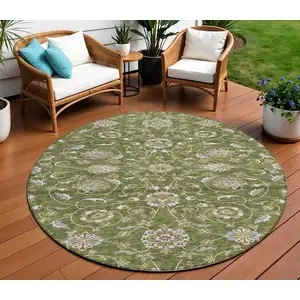 Photo of 8' Olive Green Brown And Ivory Round Moroccan Washable Indoor Outdoor Area Rug