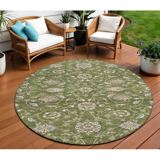 8' Olive Green Brown And Ivory Round Moroccan Washable Indoor Outdoor Area Rug Photo 1