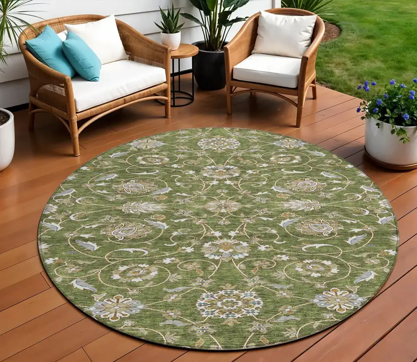 8' Olive Green Brown And Ivory Round Moroccan Washable Indoor Outdoor Area Rug Photo 1