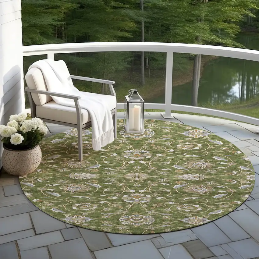 8' Olive Green Brown And Ivory Round Moroccan Washable Indoor Outdoor Area Rug Photo 8
