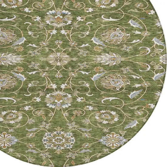 8' Olive Green Brown And Ivory Round Moroccan Washable Indoor Outdoor Area Rug Photo 6