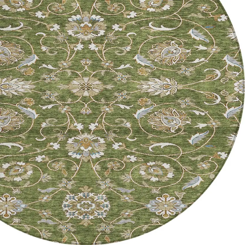 8' Olive Green Brown And Ivory Round Moroccan Washable Indoor Outdoor Area Rug Photo 6
