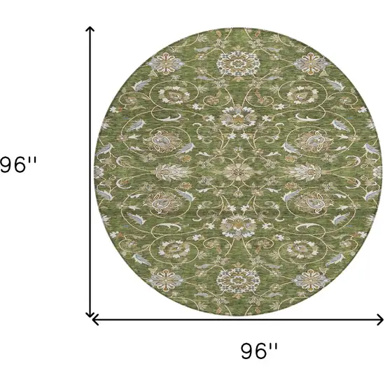 8' Olive Green Brown And Ivory Round Moroccan Washable Indoor Outdoor Area Rug Photo 8