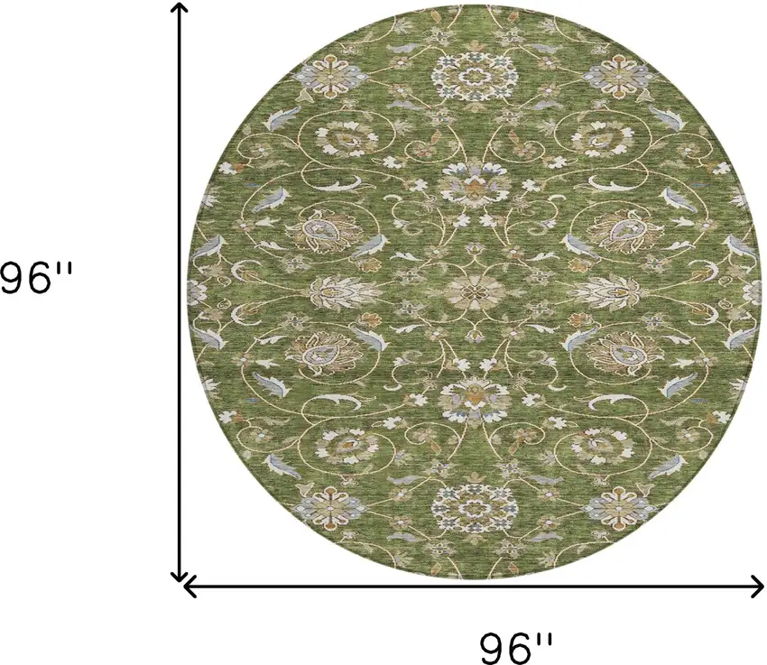 8' Olive Green Brown And Ivory Round Moroccan Washable Indoor Outdoor Area Rug Photo 8