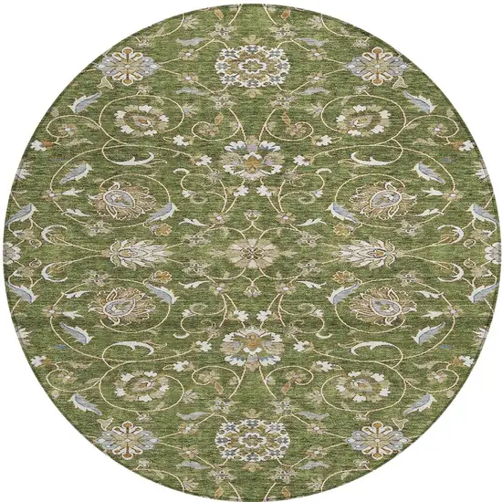 8' Olive Green Brown And Ivory Round Moroccan Washable Indoor Outdoor Area Rug Photo 7