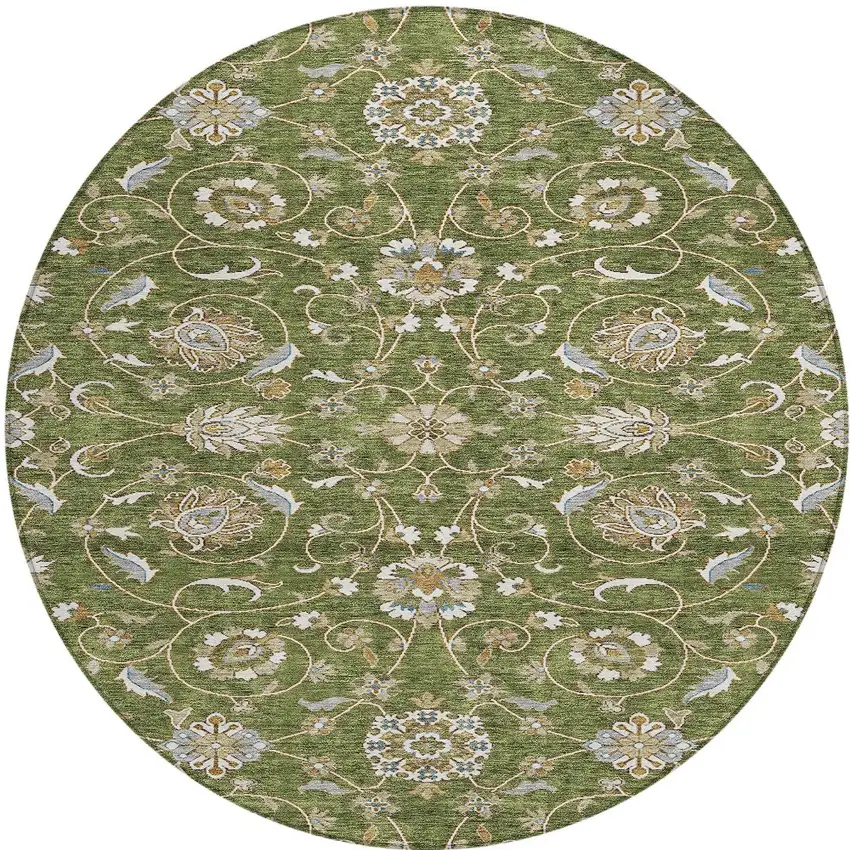 8' Olive Green Brown And Ivory Round Moroccan Washable Indoor Outdoor Area Rug Photo 7