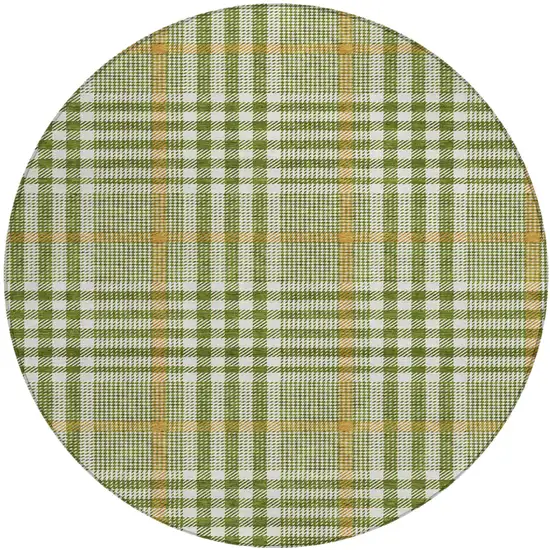 8' Olive Green Brown And Ivory Round Plaid Washable Indoor Outdoor Area Rug Photo 2