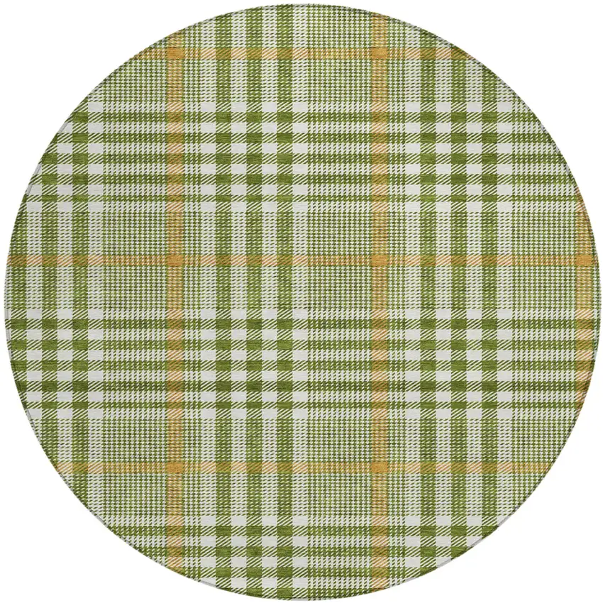 8' Olive Green Brown And Ivory Round Plaid Washable Indoor Outdoor Area Rug Photo 2