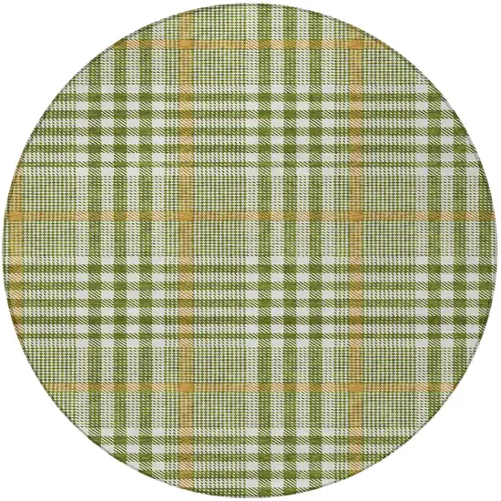 8' Olive Green Brown And Ivory Round Plaid Washable Indoor Outdoor Area Rug Photo 6