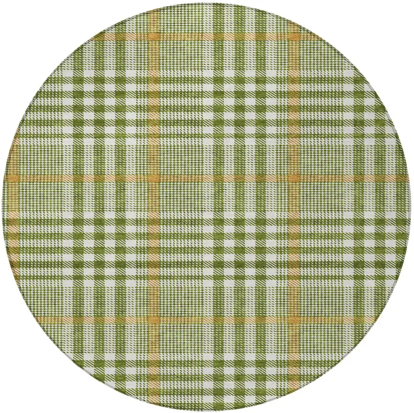 8' Olive Green Brown And Ivory Round Plaid Washable Indoor Outdoor Area Rug Photo 6