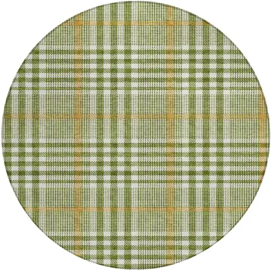 8' Olive Green Brown And Ivory Round Plaid Washable Indoor Outdoor Area Rug Photo 5