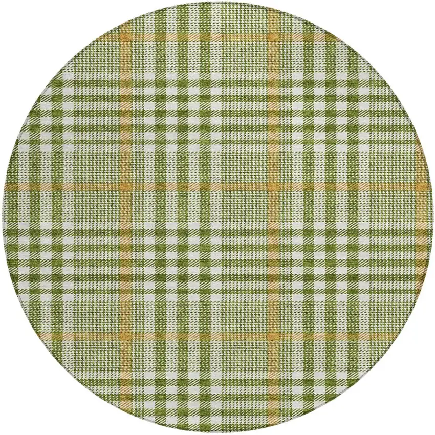 8' Olive Green Brown And Ivory Round Plaid Washable Indoor Outdoor Area Rug Photo 5
