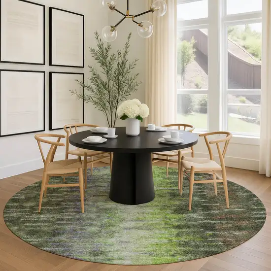 8' Olive Green Brown And Purple Round Abstract Washable Indoor Outdoor Area Rug Photo 9