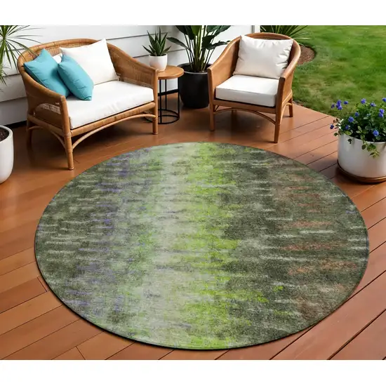 8' Olive Green Brown And Purple Round Abstract Washable Indoor Outdoor Area Rug Photo 1
