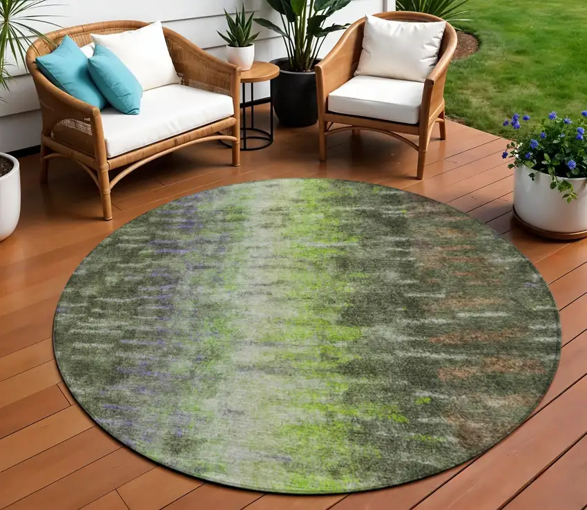8' Olive Green Brown And Purple Round Abstract Washable Indoor Outdoor Area Rug Photo 1