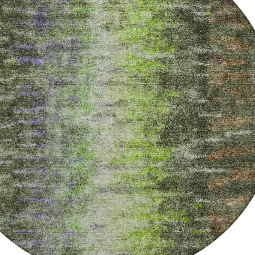 8' Olive Green Brown And Purple Round Abstract Washable Indoor Outdoor Area Rug Photo 7