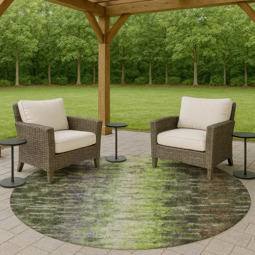8' Olive Green Brown And Purple Round Abstract Washable Indoor Outdoor Area Rug Photo 8