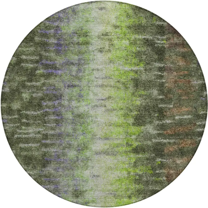 8' Olive Green Brown And Purple Round Abstract Washable Indoor Outdoor Area Rug Photo 2