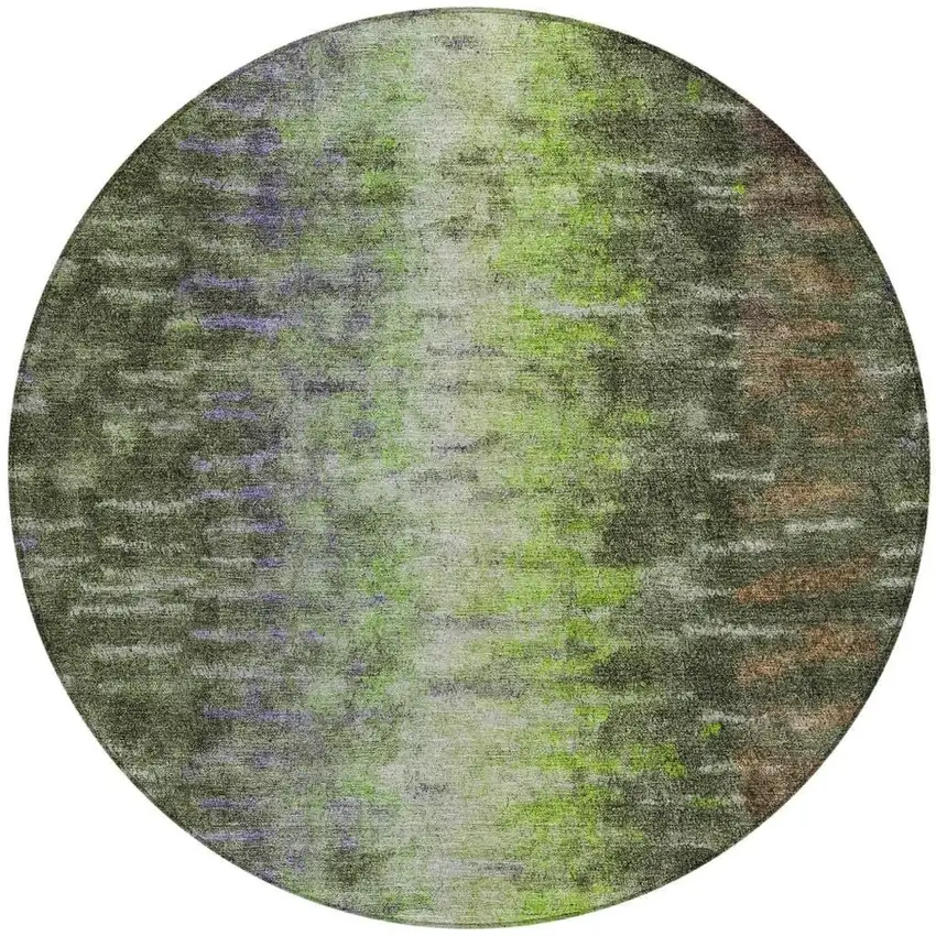 8' Olive Green Brown And Purple Round Abstract Washable Indoor Outdoor Area Rug Photo 4