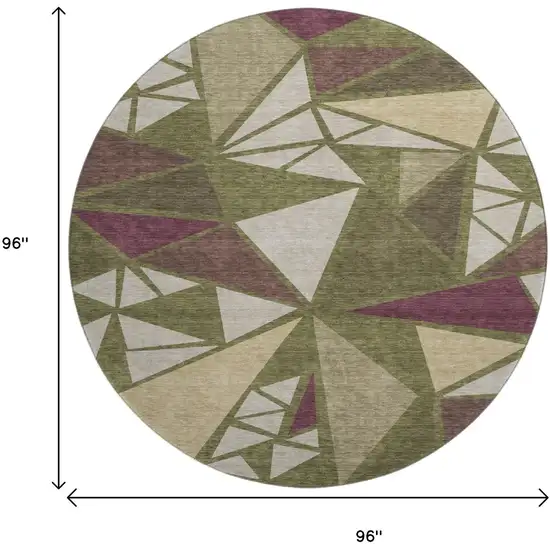 8' Olive Green Burgundy And Beige Geometric Washable Round Rug With UV Protection Photo 9