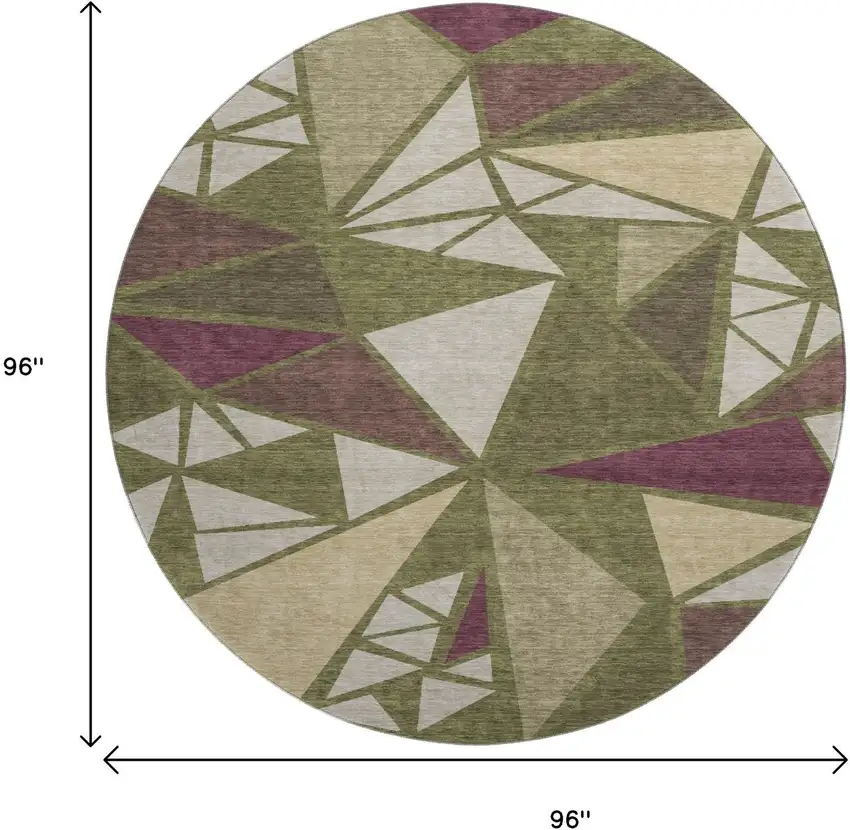 8' Olive Green Burgundy And Beige Geometric Washable Round Rug With UV Protection Photo 9