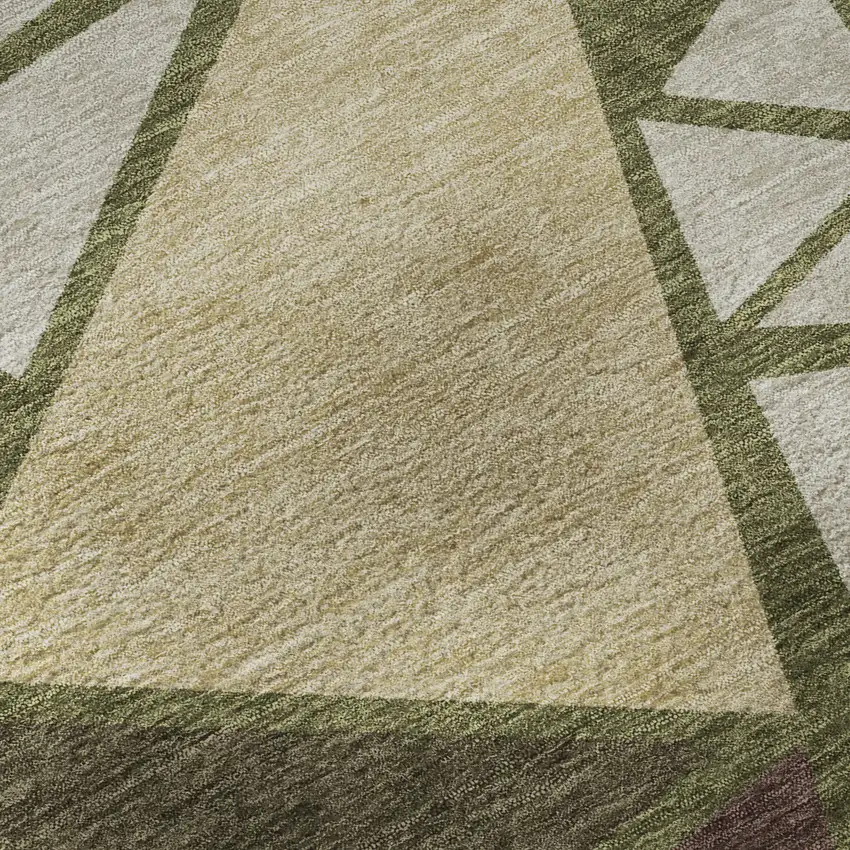 8' Olive Green Burgundy And Beige Geometric Washable Round Rug With UV Protection Photo 8