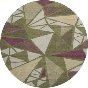 Photo of 8' Olive Green Burgundy And Beige Geometric Washable Round Rug With UV Protection
