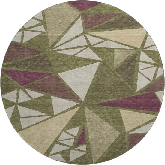 8' Olive Green Burgundy And Beige Geometric Washable Round Rug With UV Protection Photo 1