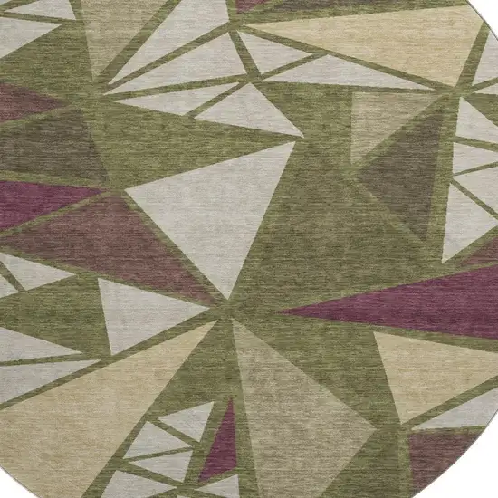 8' Olive Green Burgundy And Beige Geometric Washable Round Rug With UV Protection Photo 2