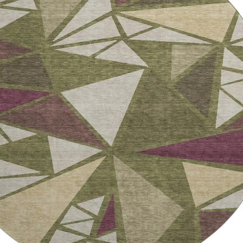 8' Olive Green Burgundy And Beige Geometric Washable Round Rug With UV Protection Photo 2