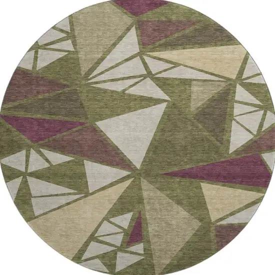 8' Olive Green Burgundy And Beige Geometric Washable Round Rug With UV Protection Photo 3