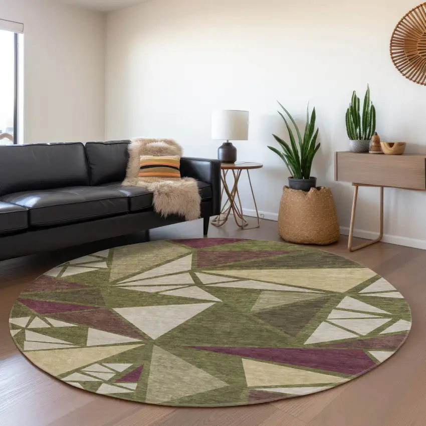 8' Olive Green Burgundy And Beige Geometric Washable Round Rug With UV Protection Photo 4