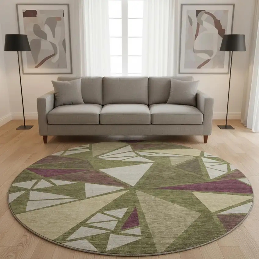 8' Olive Green Burgundy And Beige Geometric Washable Round Rug With UV Protection Photo 2
