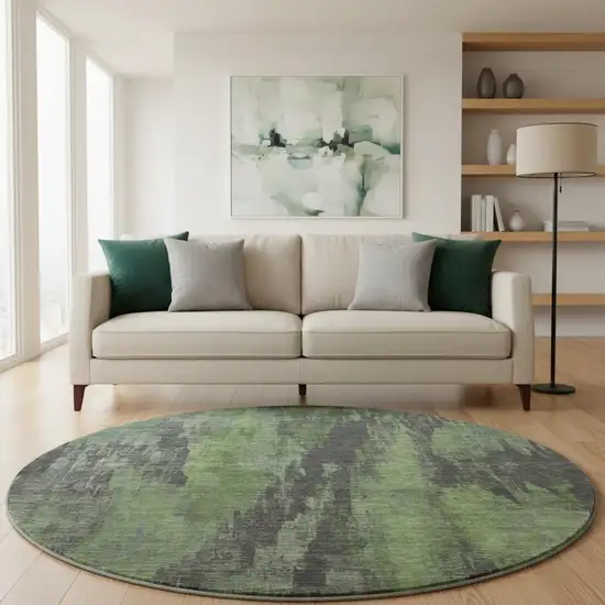 8' Olive Green Charcoal And Gray Abstract Washable Round Rug With UV Protection Photo 2