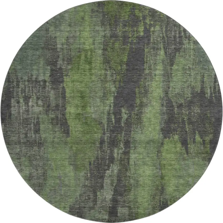 8' Olive Green Charcoal And Gray Abstract Washable Round Rug With UV Protection Photo 1