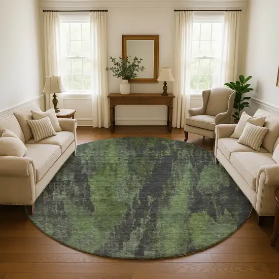 8' Olive Green Charcoal And Gray Abstract Washable Round Rug With UV Protection Photo 4