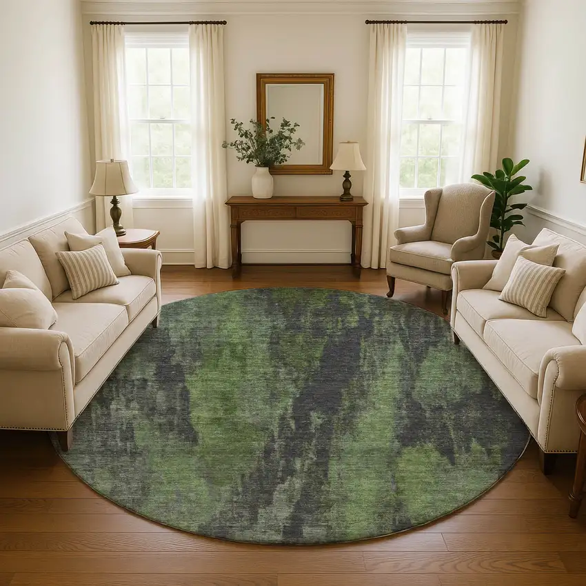 8' Olive Green Charcoal And Gray Abstract Washable Round Rug With UV Protection Photo 4