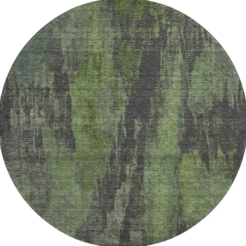 8' Olive Green Charcoal And Gray Abstract Washable Round Rug With UV Protection Photo 3