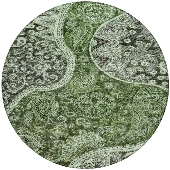 8' Olive Green Charcoal And Gray Round Floral Medallion Washable Indoor Outdoor Area Rug Photo 6