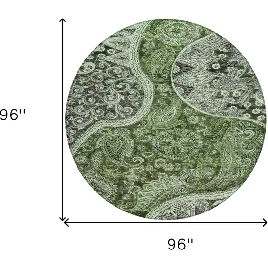8' Olive Green Charcoal And Gray Round Floral Medallion Washable Indoor Outdoor Area Rug Photo 9