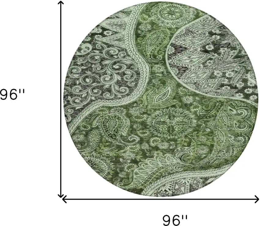 8' Olive Green Charcoal And Gray Round Floral Medallion Washable Indoor Outdoor Area Rug Photo 9