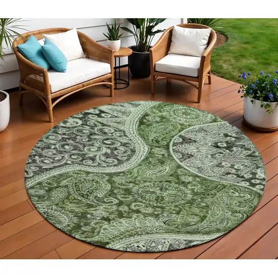 8' Olive Green Charcoal And Gray Round Floral Medallion Washable Indoor Outdoor Area Rug Photo 1